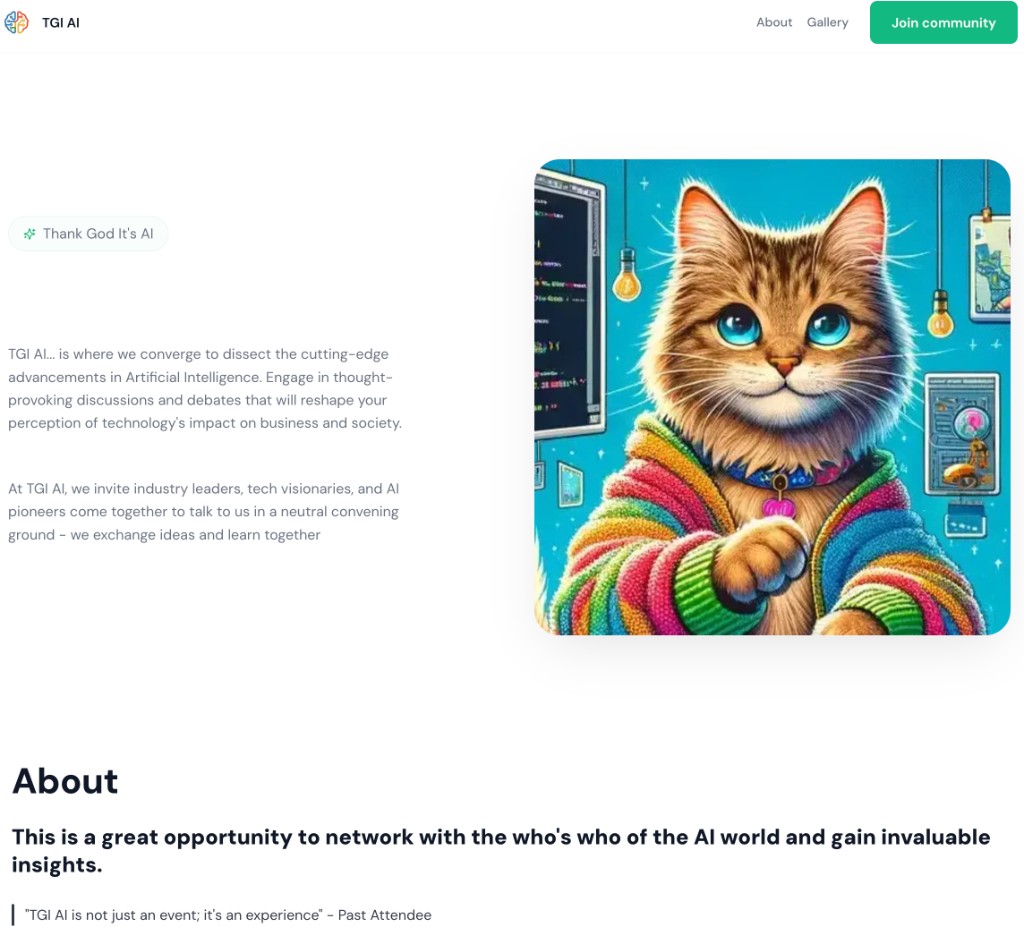 A branded Key AI community page — TGI AI — with custom nav, hero artwork, About section, and Join community CTA
