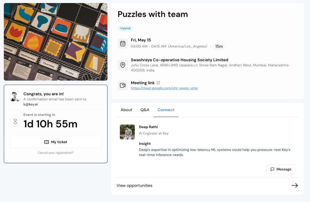 Hybrid event detail: schedule and location, registration countdown, and Connect tab with Kai insight and message to a matched attendee