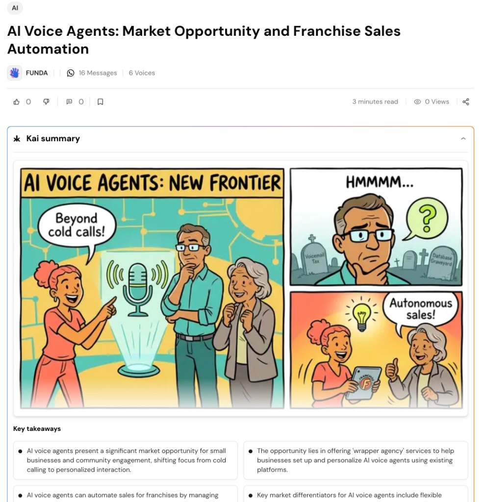Library article with Kai summary, key takeaways, and threaded voice messages — community knowledge made instantly skimmable
