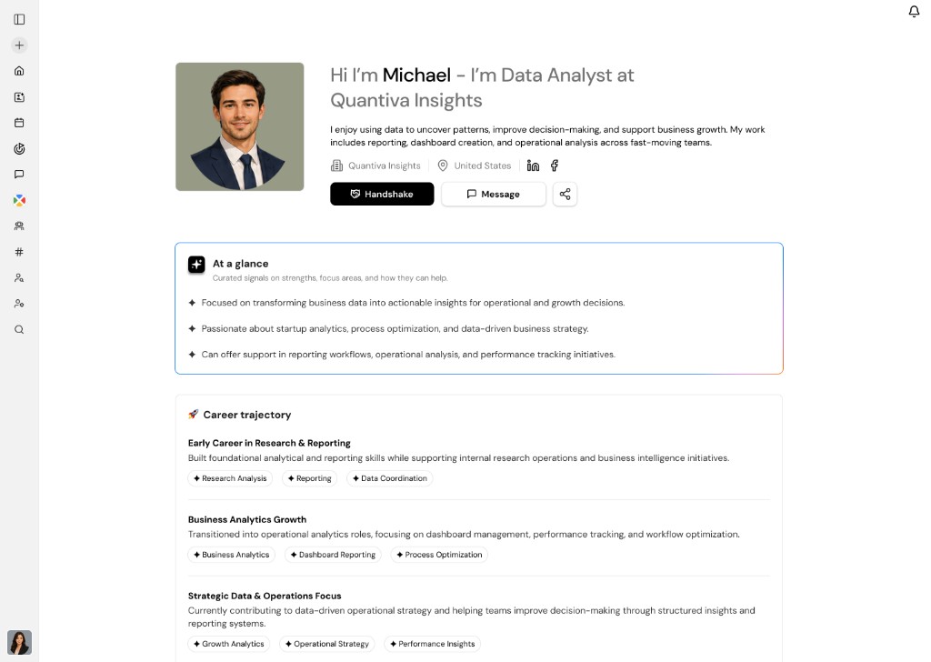 Member profile after Kai enrichment: at-a-glance summary, career trajectory, skill tags, and one-tap Handshake — all pre-built from community signals